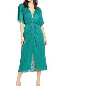 All in Favor Nordstrom Midi Dress Pleated Twist Emerald Green Size S